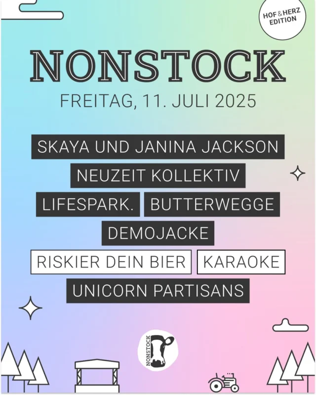 Hier schon mal eine kleine Auswahl unserer Tages-Lineups!

Für alle, die nicht das ganze Wochenende Zeit haben: Hoffentlich hilft euch das bei der Entscheidung. Ran an die Tagestickets!

Erlebt das Nonstock Festival 2025! 11.-12. Juli 
Eure Helga 🐄 
-
-
-
-
🎫Tickets unter Nonstock.de/Tickets
(Link im Profil)
🐄 Nonstock Festival 2025 am 11.-12.07.2025
